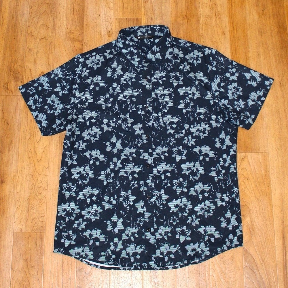 Travis Mathew Button Down Mens Large Navy Blue Floral Stripe Golf Shirt